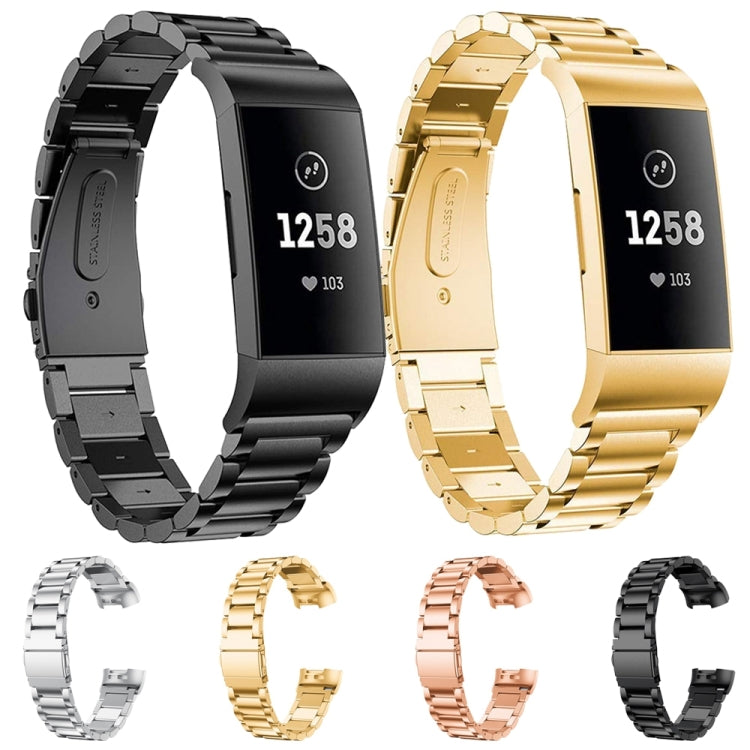 สายนาฬิกาสแตนเลสแบบแข็งสามเม็ดหนังสติ๊กหัวเข็มขัดสำหรับ Fitbit Charge 3