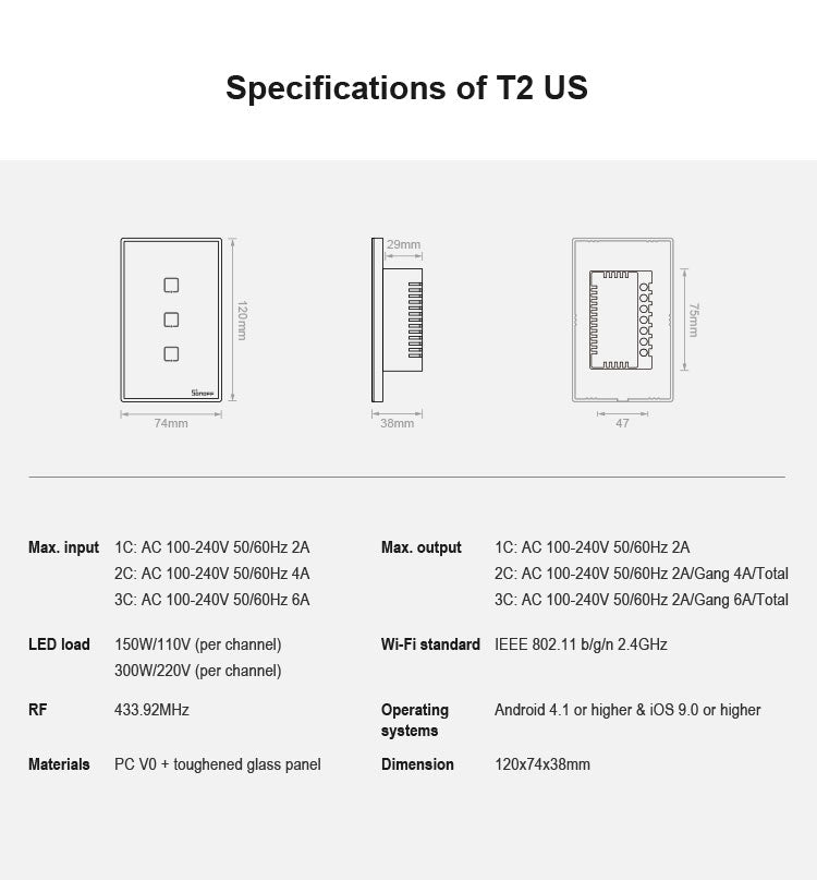 Sonoff T2 Touch 120 มม. แผงกระจกนิรภัยสวิตช์ผนังไฟบ้านอัจฉริยะสวิตช์สัมผัสเข้ากันได้กับ Alexa และ Google Home, AC 100 V-240 V, US Plug, 120mm/ 3 US Plug