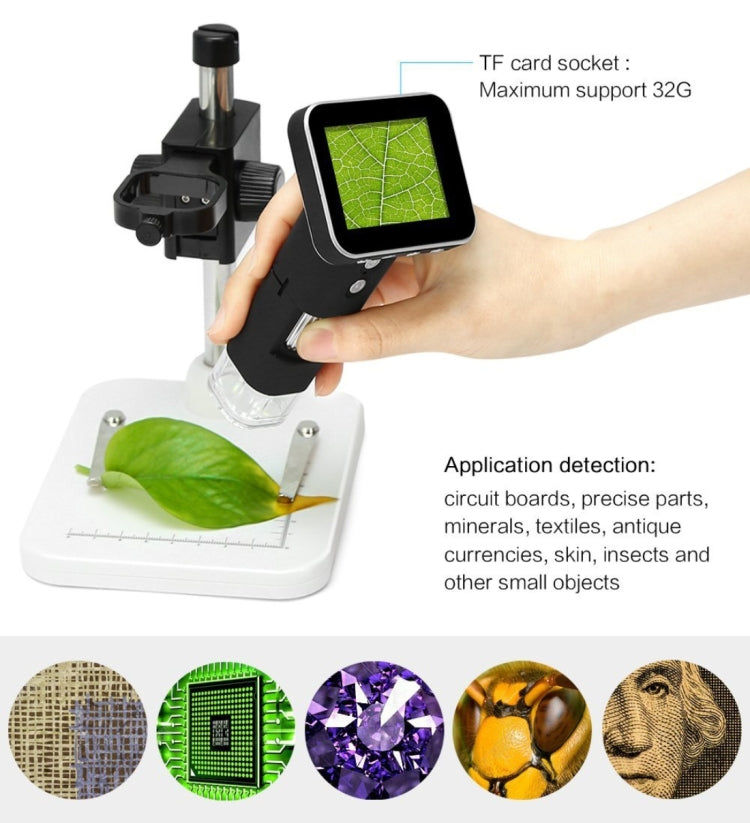 500X ซูมแว่นขยาย 3MP เซ็นเซอร์รับภาพกล้องจุลทรรศน์ดิจิตอล USB พร้อมหน้าจอ 2.5 นิ้วและ 8 LED และขาตั้งมืออาชีพรองรับการ์ด TF, DMS-015M 500X