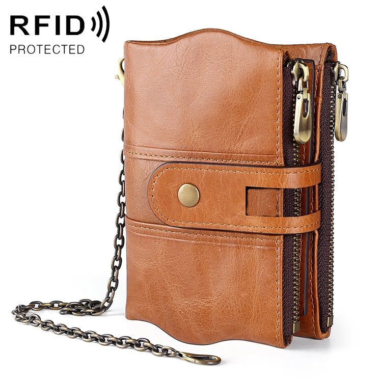 LT3539 Cowhide หนังซิปหัวเข็มขัดป้องกันแม่เหล็ก RFID กระเป๋าสตางค์กระเป๋าคลัทช์สำหรับผู้ชายพร้อมช่องเสียบการ์ดและสายสะพาย, LT3539 Shoulder Strap Blue, LT3539 Strap Red, LT3539 Yellowish-brown