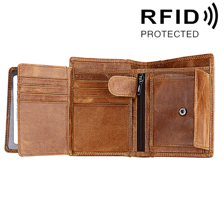 หนังวัวแท้ 3 พับผู้ถือบัตรกระเป๋าสตางค์ RFID ปิดกั้นบัตรกระเป๋าป้องกันกรณีสำหรับผู้ชายขนาด: 13 * 10.2 * 2.5 ซม.