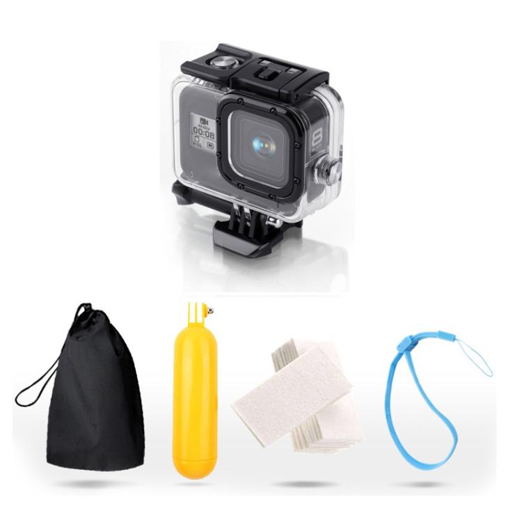 สำหรับ GoPro HERO8 สีดำ 45m เคสกันน้ำที่อยู่อาศัยพร้อมหัวเข็มขัดพื้นฐานและสกรูและด้ามจับ Bobber ลอยและสายรัดและแทรกป้องกันหมอก, Transparent HERO8 Case