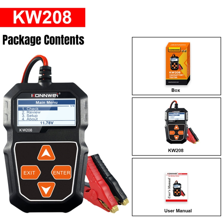 KONNWEI KW208 รถหน้าจอสี TFT เครื่องทดสอบแบตเตอรี่รองรับ 8 ภาษา, KW208