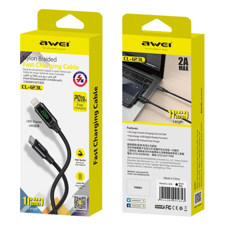 awei CL-123L 1 ม. USB-C / Type-C ถึง 8Pin ข้อมูลจอแสดงผลดิจิตอลสายชาร์จเร็ว, CL-123L
