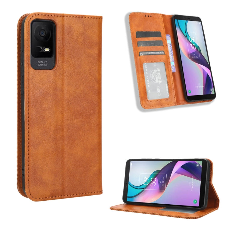 ซองใส่โทรศัพท์หนังพื้นผิวย้อนยุคหัวเข็มขัดแม่เหล็ก, For TCL 50 XL 5G, For TCL 50 5G, For TCL 50 SE 4G, For TCL 501 4G, For TCL 505 4G, For TCL 502, For TCL 40 XE 5G / 40 NxtPaper 5G, For TCL 40 NxtPaper 4G, For TCL 40 XE 5G, For TCL 40 XL, For TCL ION X