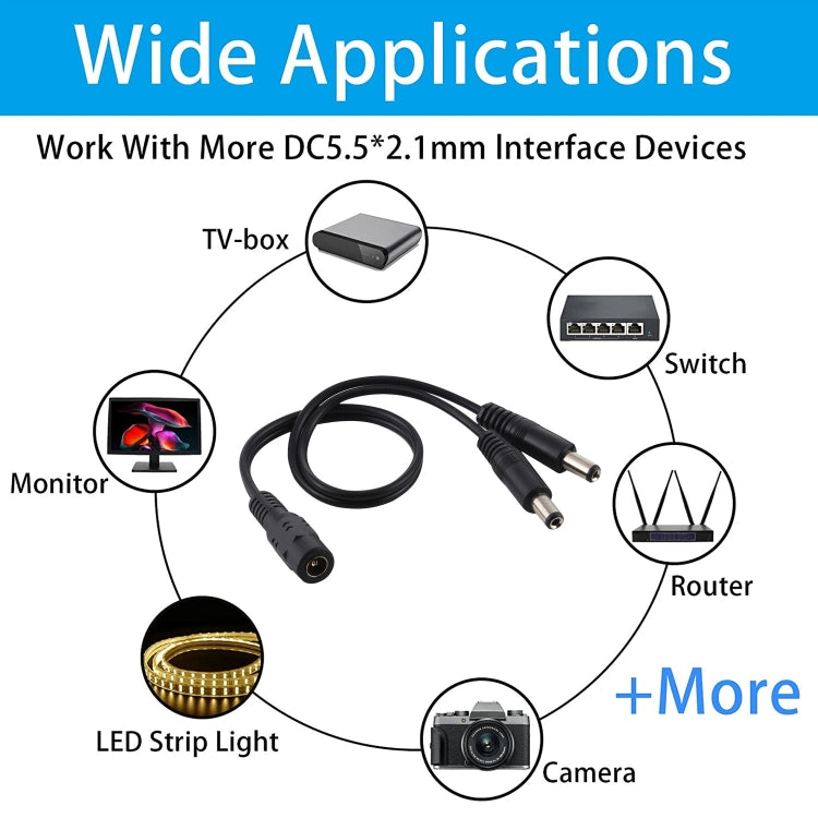 5.5 x 2.1 มม. 1 ถึง 2 ปลั๊กตัวเมียถึงตัวผู้ปลั๊ก DC Power Splitter สายไฟอะแดปเตอร์, ความยาวสายเคเบิล: 30 ซม.