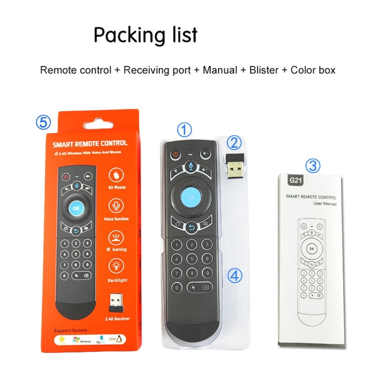 G21 2.4GHz Fly Air Mouse ไฟ LED คีย์บอร์ดไร้สายรีโมทคอนโทรลพร้อม Gyroscope สำหรับ Android TV Box / PC รองรับเสียงอัจฉริยะ, Orange