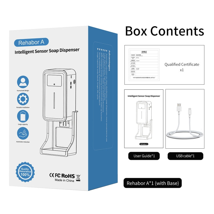 Rehabor A เครื่องวัดอุณหภูมิเซ็นเซอร์วัดอุณหภูมิร่างกายแบบไม่สัมผัสแบบแฮนด์ฟรี + เครื่องจ่ายสบู่เหลวอัตโนมัติแบบไม่สัมผัส 450 มล. พร้อมฐานยึด, Rehabor A