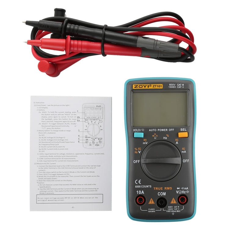 ZOYI ZT101 600V CAT III / 1000V CAT II 6000 นับมัลติมิเตอร์แบบดิจิตอลแบบพกพา AC / DC เครื่องวัดแรงดันไฟฟ้าปัจจุบันพร้อมหน้าจอ LCD แสงด้านหลังและตัวยึด, ZT101