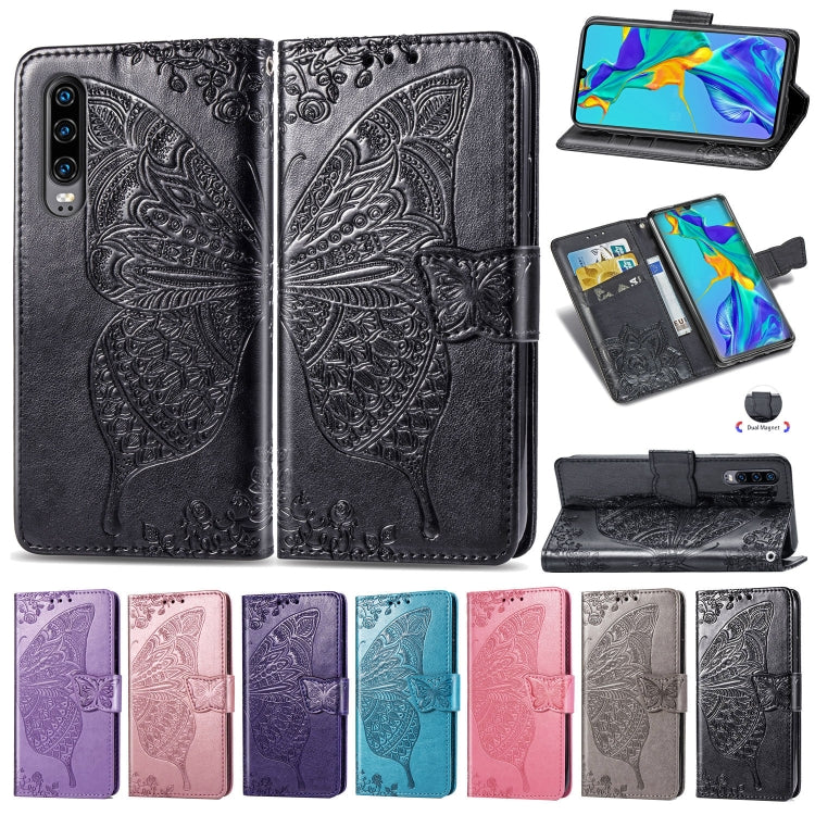 ผีเสื้อรักดอกไม้ลายนูนซองหนังพลิกแนวนอนสำหรับ Huawei P30 พร้อมตัวยึดและช่องเสียบการ์ดและกระเป๋าสตางค์และเชือกเส้นเล็ก, For Huawei P30