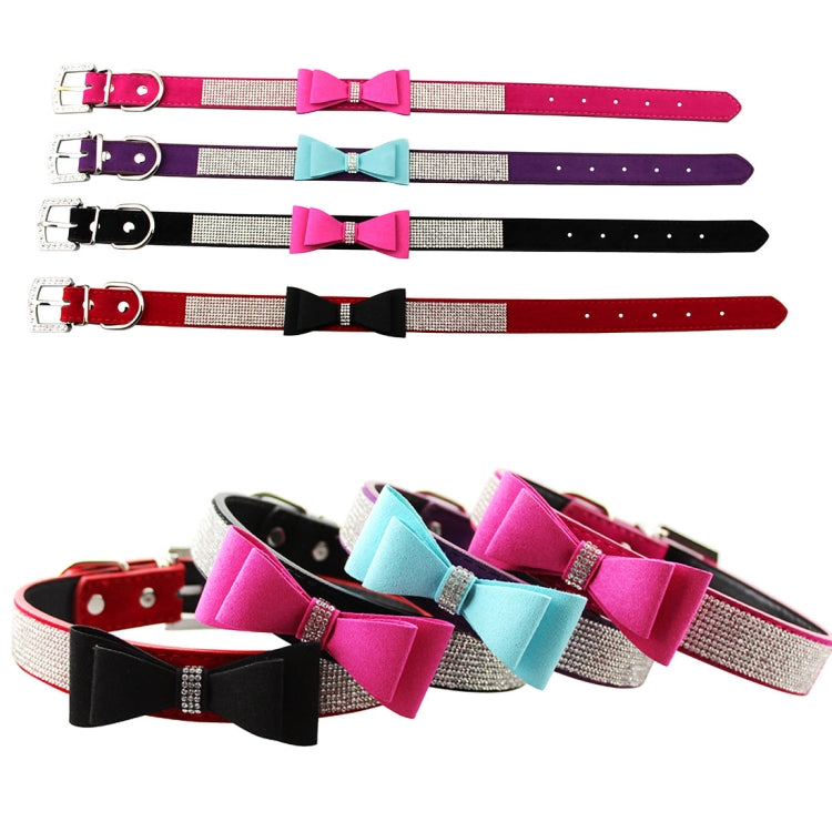Flocking Diamond Studded Bowknot Pet Collar ปลอกคอสุนัขผลิตภัณฑ์สำหรับสัตว์เลี้ยง, ขนาด: S, 1.5 * 37 ซม., Size: S