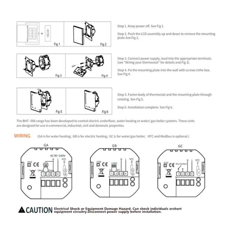 BHT-006GBLW 95-240V AC 16A เครื่องควบคุมความร้อนในบ้านอัจฉริยะสำหรับกล่อง EU ควบคุมเครื่องทำความร้อนไฟฟ้าด้วยเซนเซอร์ภายในและเซนเซอร์ภายนอกและการเชื่อมต่อ WiFi เท่านั้น, BHT-006GBLW