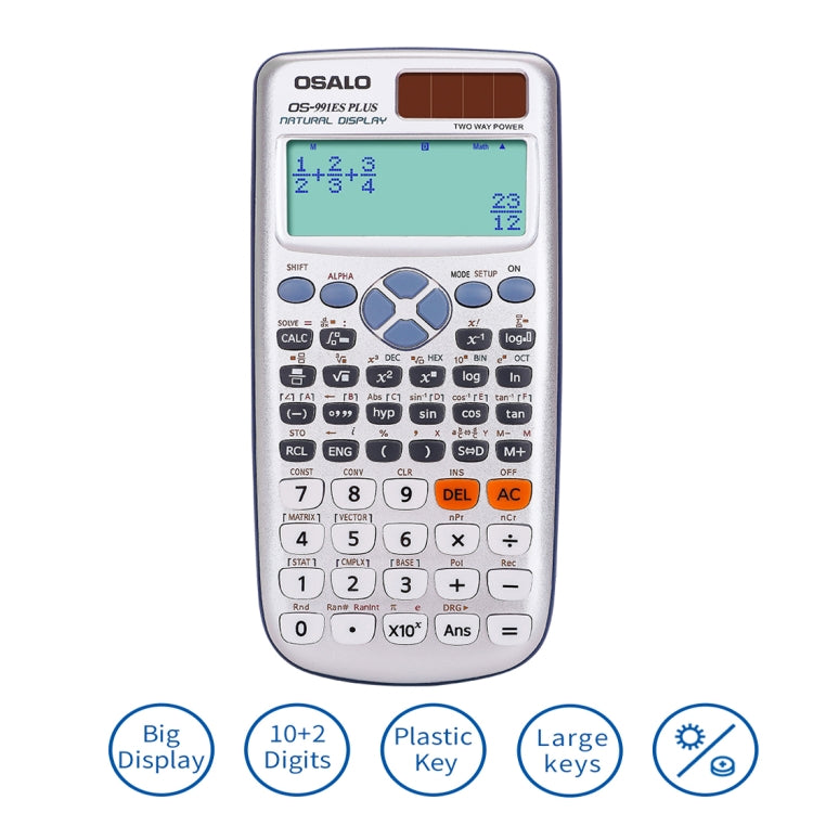 OSALO OS-991ES PLUS 10 + 2 หลักฟังก์ชั่นนักเรียนอเนกประสงค์เครื่องคิดเลขวิทยาศาสตร์พลังงานแสงอาทิตย์ Dual Power เครื่องคิดเลข, OS-991ES
