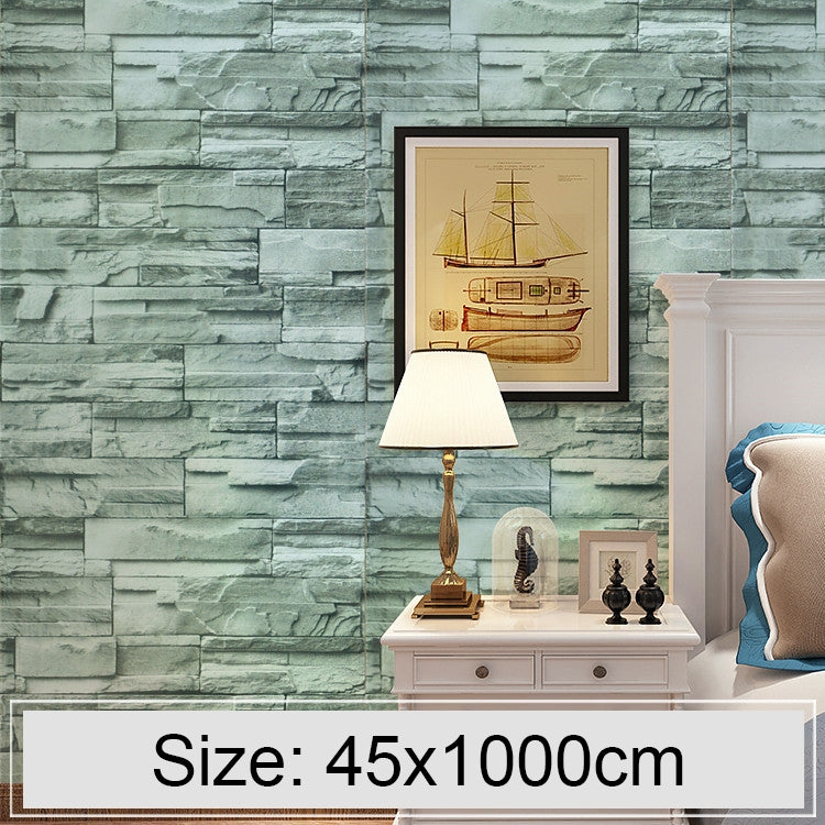 อิฐสีเขียวสร้างสรรค์ 3D อิฐหินตกแต่งวอลล์เปเปอร์สติ๊กเกอร์ห้องนอนห้องนั่งเล่นผนังกันน้ำวอลล์เปเปอร์ม้วนขนาด: 45 x 1000 ซม., Green brick