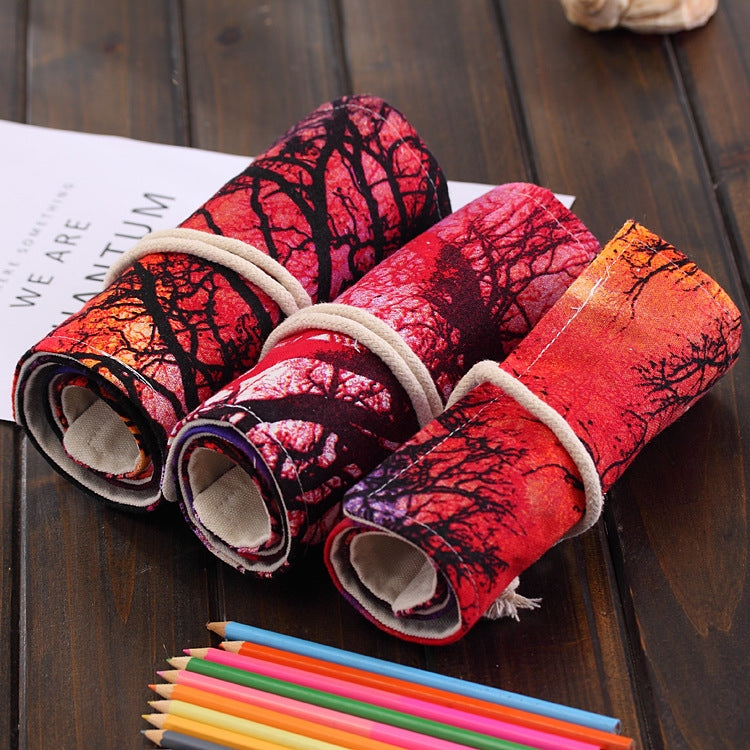 48 ช่อง Sunset Tree พิมพ์ปากกาผ้าใบดินสอห่อผ้าม่าน Roll Up ดินสอกรณีกระเป๋าเครื่องเขียน, 48 Slots