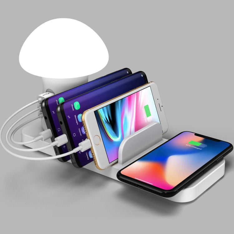 HQ-UD12 Universal 4 in 1 40W QC3.0 3 พอร์ต USB + ที่ชาร์จไร้สาย สถานีชาร์จโทรศัพท์มือถือพร้อมไฟ LED รูปทรงเห็ด ความยาว: 1.2 ม. ปลั๊ก EU