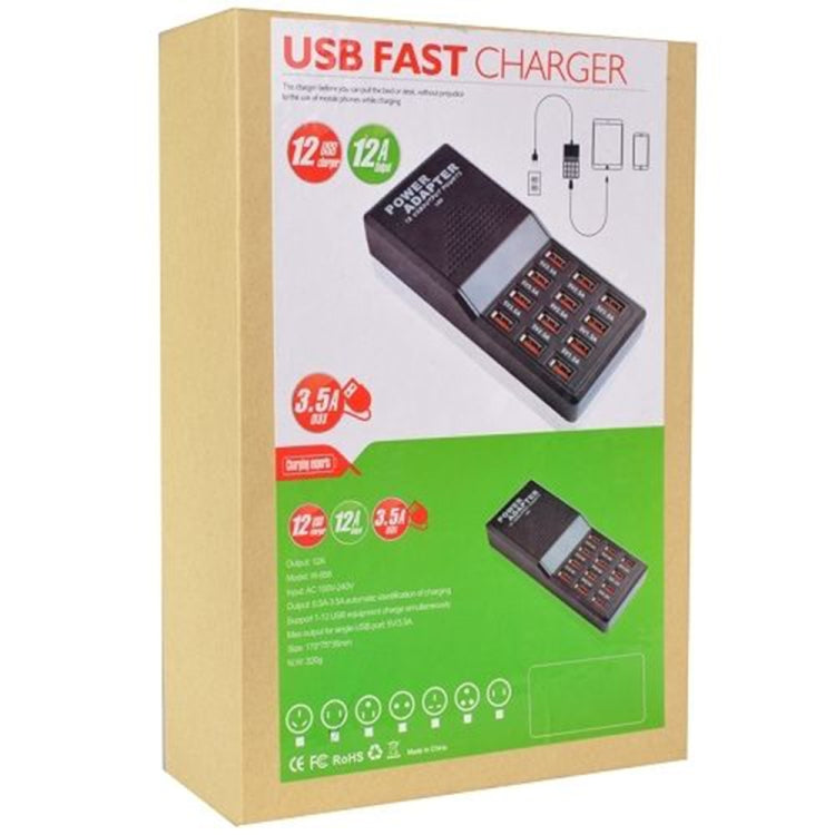 W-858 12A 12 พอร์ต USB แท่นชาร์จอย่างรวดเร็วแท่นชาร์จอัจฉริยะเดสก์ท็อป AC100-240V, US Plug, US Plug