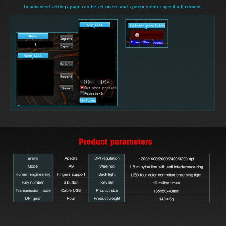 Apedra iMICE A9 เมาส์สำหรับเล่นเกมความแม่นยำสูง LED สี่สีควบคุมแสง USB 6 ปุ่ม 3200 DPI เมาส์สำหรับเล่นเกมแบบมีสายสำหรับคอมพิวเตอร์พีซีแล็ปท็อป, iMICE A9