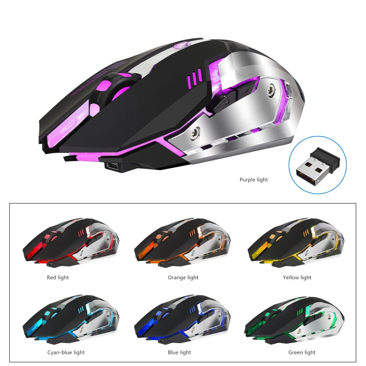 HXSJ M10 2.4GHz 6 ปุ่ม USB ชาร์จแสงสีสันตามหลักสรีรศาสตร์ 2400DPI เมาส์สำหรับเล่นเกมไร้สายสำหรับเดสก์ท็อปคอมพิวเตอร์, M10