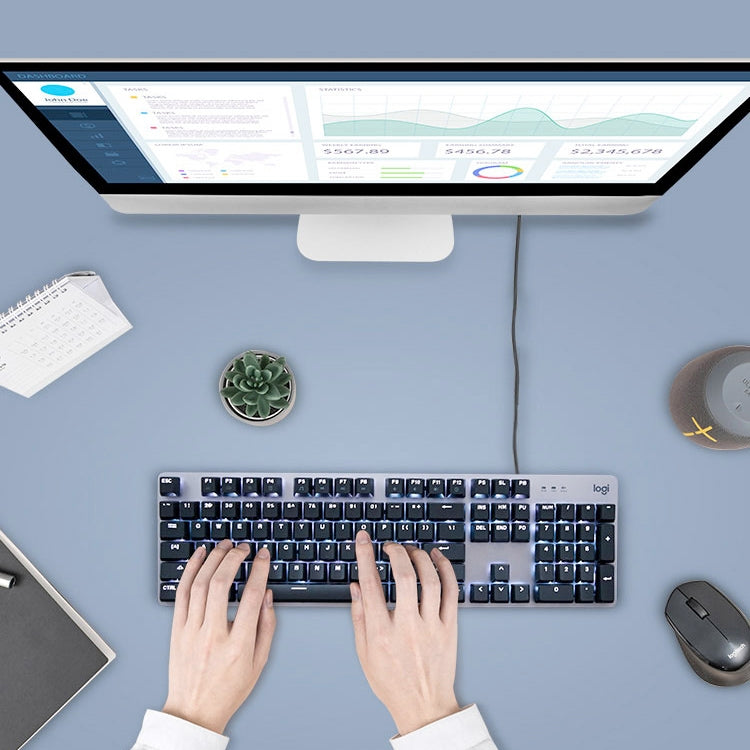 Logitech K845 CHERRY คีย์บอร์ดแบบมีสายแบบกลไกเรืองแสงแกนสีฟ้า ความยาวสายเคเบิล: 1.8 ม, CHERRY Blue Axis
