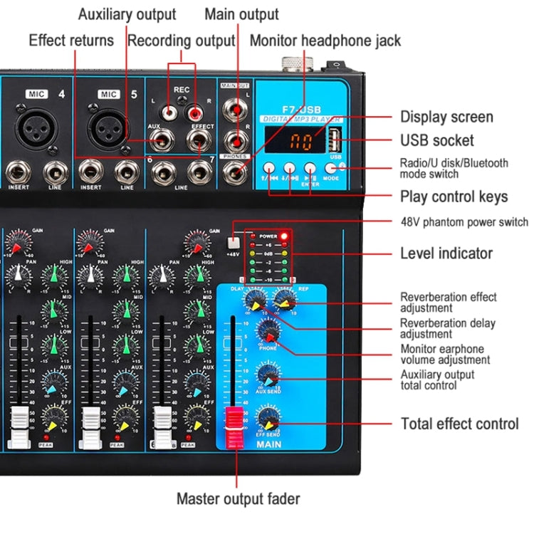 F7 Home 7-channel Bluetooth USB Reverb Mixer ปลั๊ก US, F7 US Plug