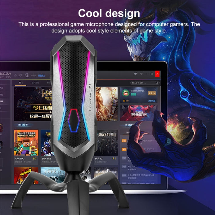 Yanmai T1 ไมโครโฟนสำหรับเล่นเกมคอนเดนเซอร์แบบหมุนได้ 360 องศาฟรีพร้อมไฟสีสันสดใส RGB และสายเคเบิล USB-C / Type-C แบบเสียบได้, ความยาวสายเคเบิล: 1.7 ม., T1