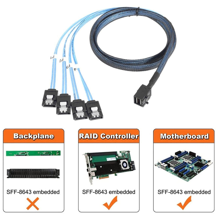 Mini SAS SFF-8643 โฮสต์เป็น 7 พิน 4 SATA เป้าหมายฮาร์ดดิสก์ 6Gbps Data Server Raid Cable ความยาว: 1 ม., SFF-8643 (Length: 1m)