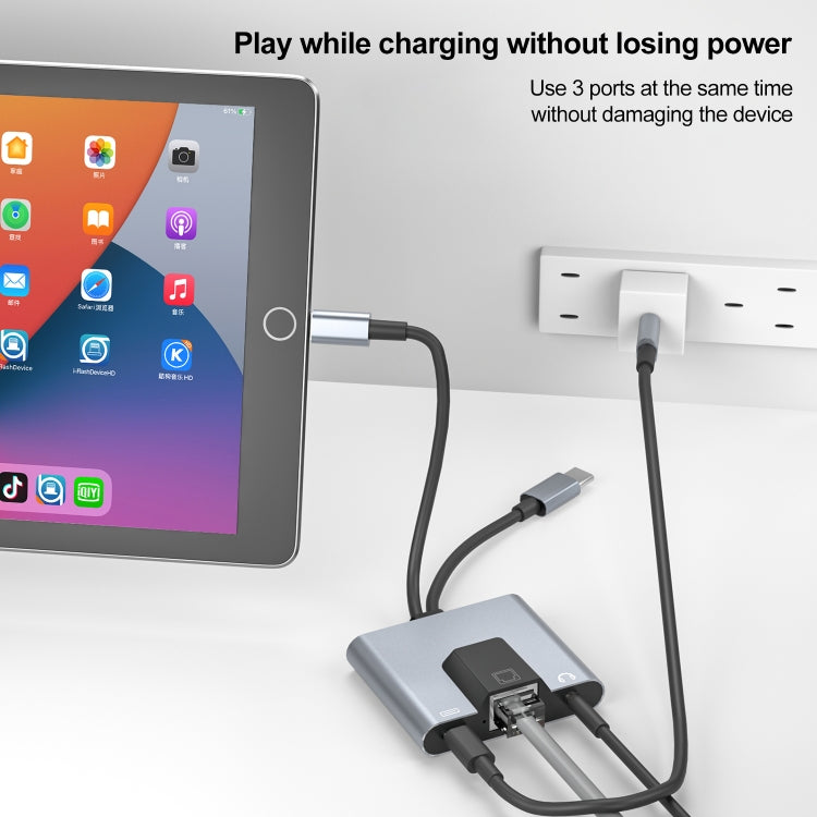 NK-1056Pro 3 in 1 8 Pin USB-C / Type-C ชายถึง 8 Pin ชาร์จ อีเธอร์เน็ต อะแดปเตอร์หูฟังขนาด 3.5 มม. หญิง, NK-1056Pro