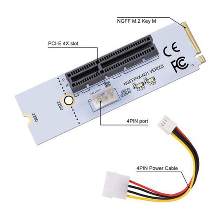 NGFF M.2 Key M ถึง PCI-E 1X/4X/8X/16X กราฟิกการ์ด Mining Slot อะแดปเตอร์ Riser Converter การ์ด LED และสายไฟ 4 พิน, VER003 with 4 Pin Power Cable