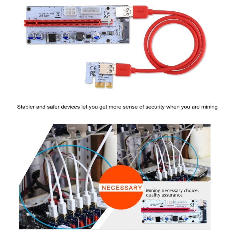 PCE164P-N06 VER008S USB 3.0 PCI-E Express 1x ถึง 16x PCI-E Extender Riser การ์ดอะแดปเตอร์ 15 พิน SATA Power 6 พิน + 4 พินพอร์ตจ่ายไฟพร้อมสาย USB 60 ซม., VER008S Red
