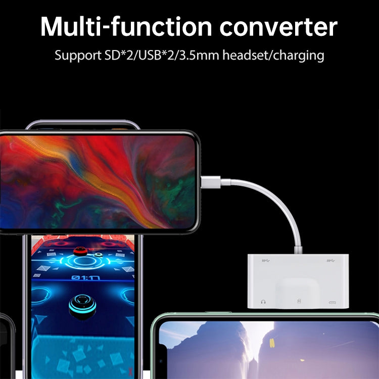 NK-1042 6 in 1 8 Pin Male to Dual USB + การ์ด SD คู่ + อินเทอร์เฟซเสียง 3.5 มม. + อินเทอร์เฟซการชาร์จ 8 พินอะแดปเตอร์กล้องพอร์ตหญิง