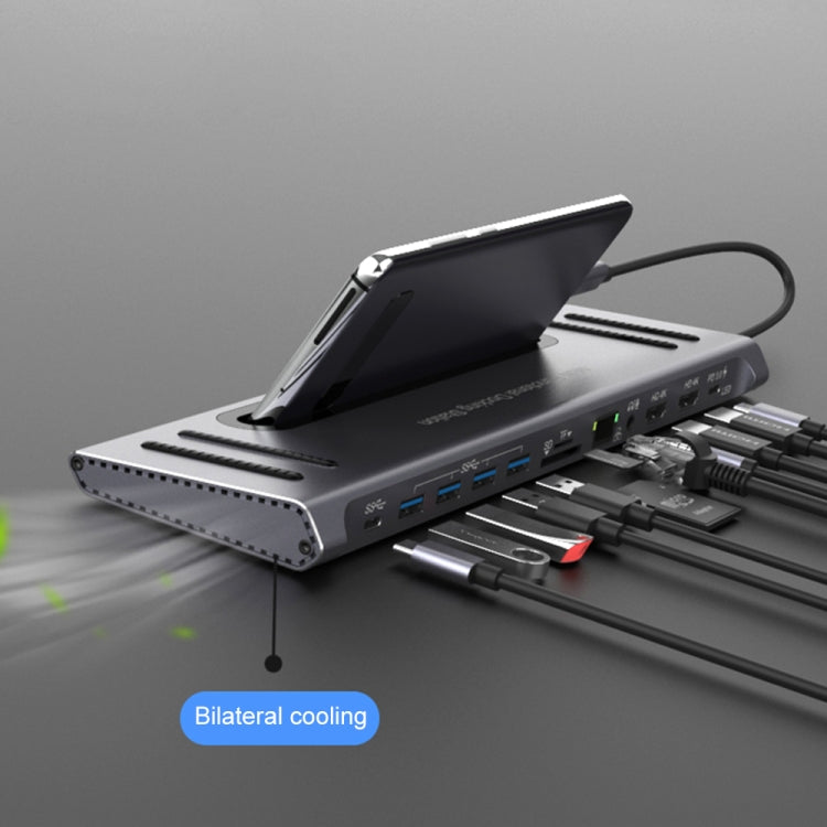 9199 12 in 1 USB-C / Type-C ถึง USB-C / Type-C + ช่องเสียบการ์ด TF / SD + RJ45 + เสียง 3.5 มม. + PD USB-C / Type-C ชาร์จ + 2 HDMI + 4 USB 3.0 พอร์ตมัลติฟังก์ชั่นสถานีเชื่อมต่อตัวแปลง HUB, 9199