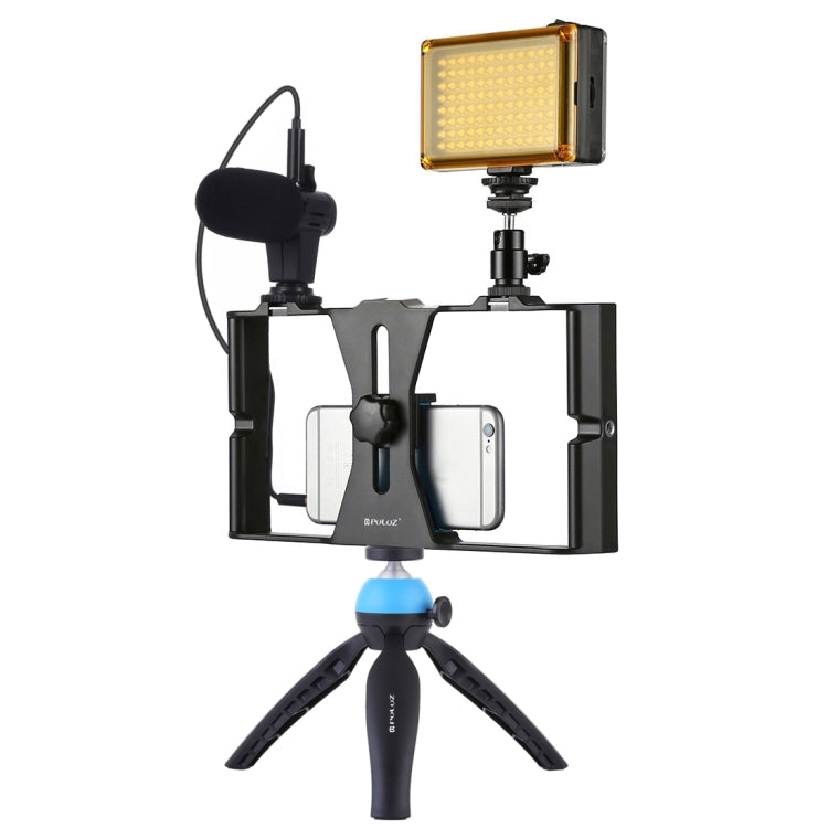 PULUZ 4 in 1 Vlogging ถ่ายทอดสด LED เซลฟี่ไลท์สมาร์ทโฟนชุดวิดีโอ Rig พร้อมไมโครโฟน + ขาตั้งกล้องสามขา + ขาตั้งกล้องรองเท้าเย็นสำหรับ iPhone, Galaxy, Huawei, Xiaomi, HTC, LG, Google และสมาร์ทโฟนอื่น ๆ, 4-in-1(Blue), 4 in 1, 4-in-1(US)