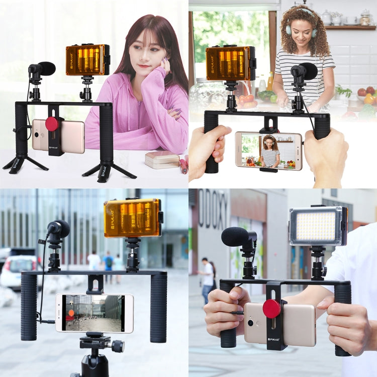 PULUZ 4 in 1 Vlogging ถ่ายทอดสด LED เซลฟีแสงสมาร์ทโฟนวิดีโอ Rig จับโคลงอลูมิเนียมยึดชุดพร้อมไมโครโฟน + เมาขาตั้งกล้อง + รองเท้าเย็นหัวขาตั้งกล้อง, Aluminum Bracket Kits