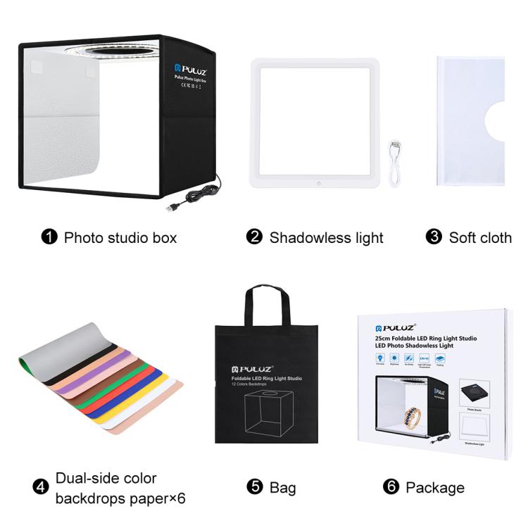 PULUZ 25 ซม.พับแบบพกพาสูง CRI แหวน LED ภาพแสงสตูดิโอเต็นท์กล่อง + Shadowless โคมไฟแผง Pad 12 สีฉากหลังขนาด: 25 ซม.x 25 ซม.x 25 ซม., 25cm High CRI Box + Shadowless Light