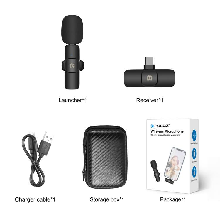 PULUZ ไมโครโฟนรีเวิร์บลดเสียงรบกวนแบบหนีบเสื้อแบบไร้สายสำหรับอุปกรณ์ Type-C / USB-C รองรับการชาร์จโทรศัพท์, Type-C Wireless Microphone