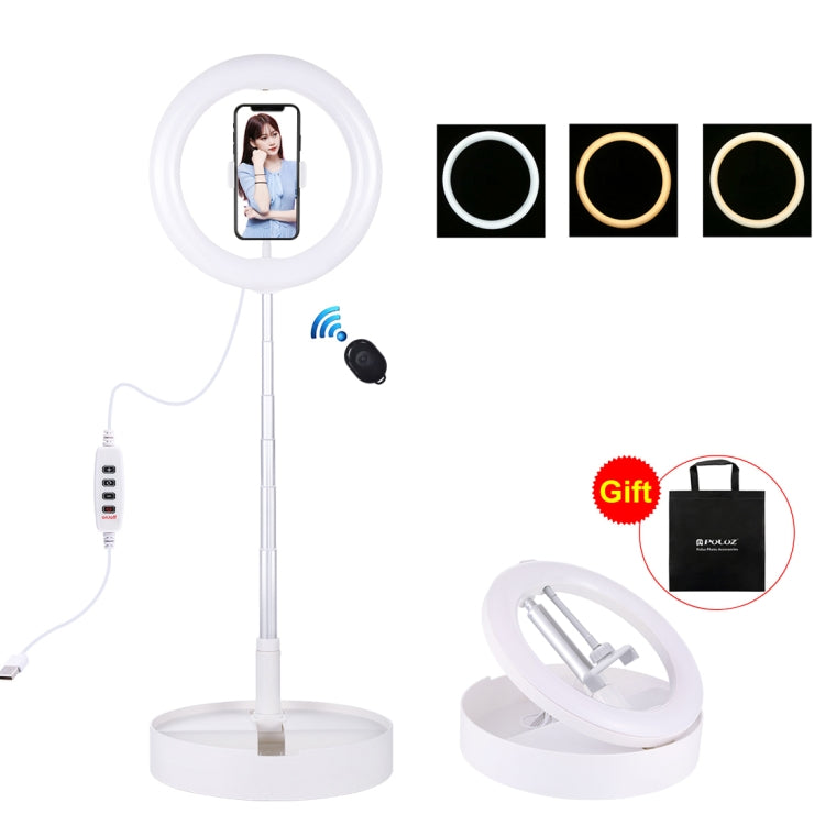 PULUZ 10.2 นิ้ว 26 ซม. USB 3 โหมดหรี่แสงได้อุณหภูมิสีแบบ Dual LED แหวนโค้งวิดีโอบล็อกเซลฟีการถ่ายภาพวิดีโอไฟพร้อม Bluetooth รีโมทชัตเตอร์และที่วางสก์ท็อปแบบพับได้และที่หนีบโทรศัพท์