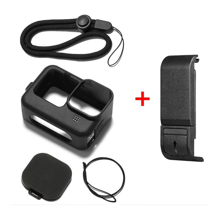 PULUZ สำหรับ GoPro HERO12 Black / 11 Black / 10 Black / 9 เคสซิลิโคนสีดำ + POM ฝาครอบอินเทอร์เฟซด้านข้างพร้อมสายรัดข้อมือและฝาครอบเลนส์, For GoPro HERO12 Black Silicone Case + Side Cover