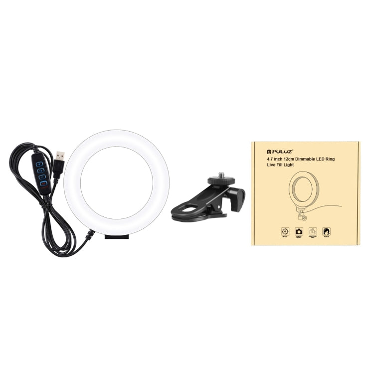 PULUZ 4.7 นิ้ว 12 ซม. แหวนไฟเซลฟี่ 3 โหมด USB หรี่แสงได้อุณหภูมิสีคู่ LED โค้งวิดีโอบล็อกการถ่ายภาพไฟวิดีโอพร้อมตัวยึดคลิปจอภาพ, 4.7 inch+Clip