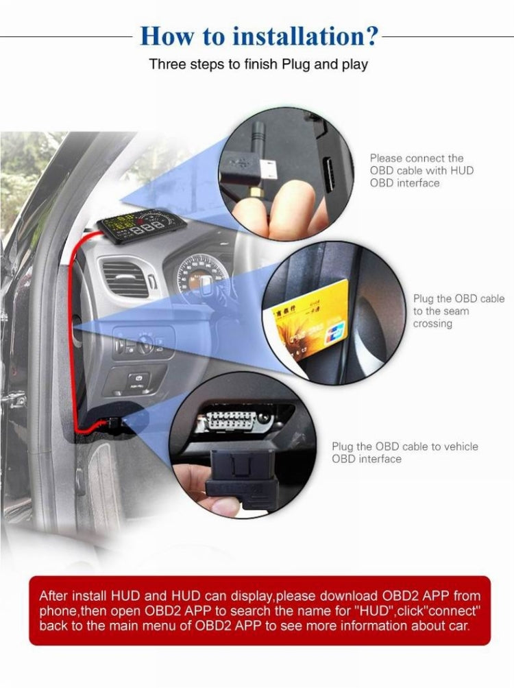 X3 บลูทูธ 5.5 นิ้วรถยนต์ OBDII / EUOBD HUD ติดตั้งบนรถ Head Up Display ระบบรักษาความปลอดภัย, รองรับความเร็วและการใช้เชื้อเพลิง, ปลุก Overspeed, อุณหภูมิของน้ำ ฯลฯ, X3 5.5 inch