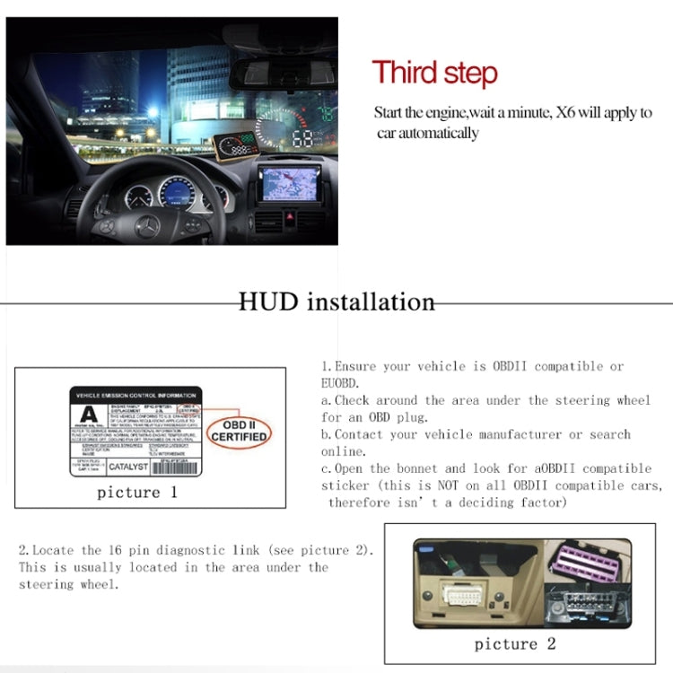 X6 3.5 นิ้วรถยนต์ OBDII / EUOBD HUD ติดตั้งบนรถ Head Up Display ระบบรักษาความปลอดภัย, รองรับความเร็วและอุณหภูมิของน้ำ & สัญญาณเตือนความเร็ว & การใช้เชื้อเพลิง & แรงดันแบตเตอรี่ ฯลฯ, X6