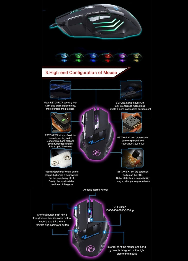 7 ปุ่มพร้อมล้อเลื่อน 5000 DPI LED เมาส์สำหรับเล่นเกมแบบมีสายสำหรับคอมพิวเตอร์แล็ปท็อปพีซี, X7 7 Buttons (Black)