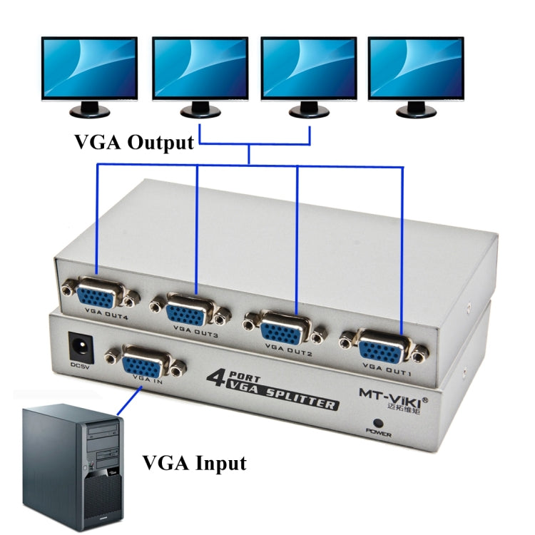 4 พอร์ต 150MHz VGA Splitter (1 อินพุต VGA, 4 เอาต์พุต VGA), 4 Ports Splitter Silver