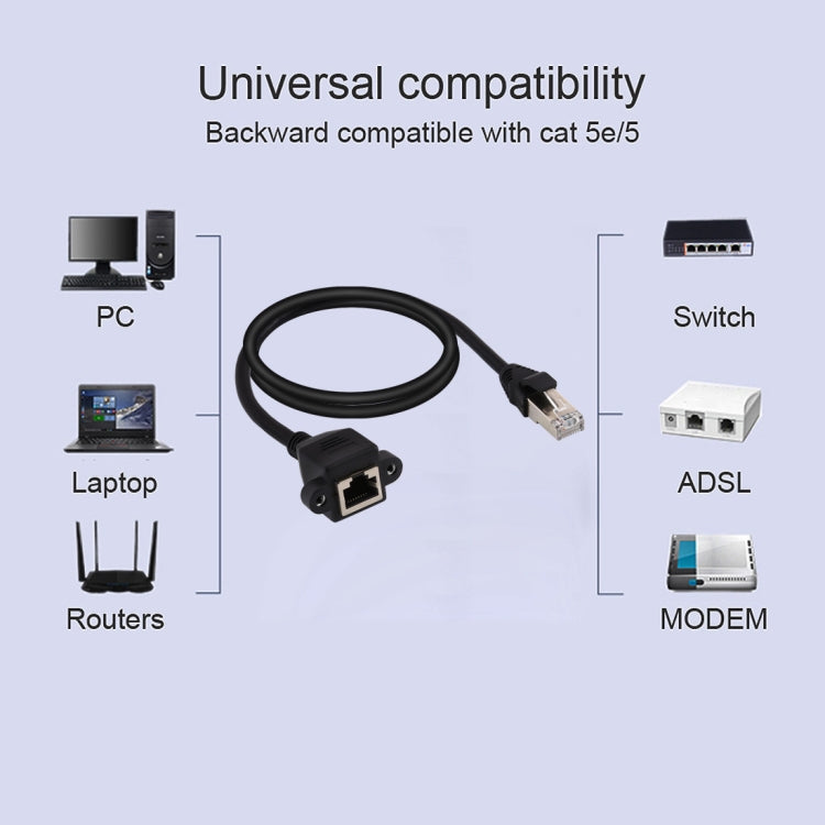 สายเคเบิลต่อขยายล็อคสกรูยึดแผงเครือข่าย RJ45 ตัวเมียถึงตัวผู้ CAT5E ความยาว: 1.5 ม, 1.5m