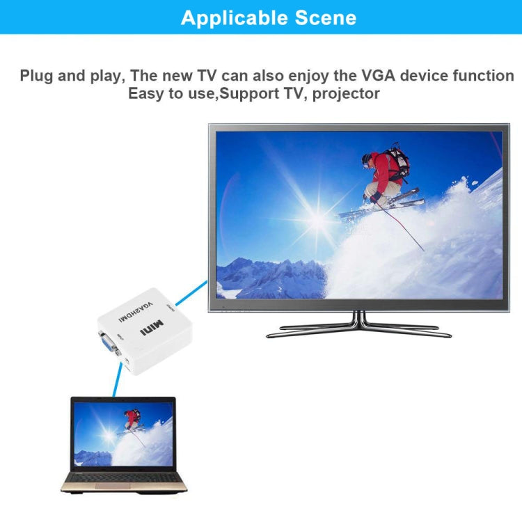 HD 1080 P HDMI Mini VGA to HDMI Scaler กล่อง Audio Video Digital Converter, HD 1080P (White)