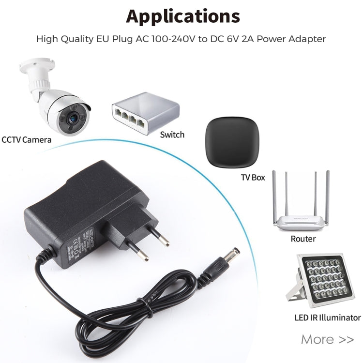 EU Plug AC 100-240V เป็น DC 6V 2A Power Adapter, เคล็ดลับ: 5.5 x 2.1 มม., ความยาวสายเคเบิล: 1.1 ม., EU Plug DC 6V 2A