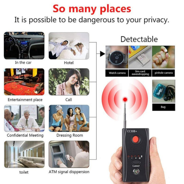 CC308+ Multi-Detector Full-Range All-Round Detector สำหรับกล้องจิ๋วที่ซ่อนอยู่ / เลนส์ IP / GMS / RF เครื่องตรวจจับสัญญาณ Finder, CC308+ Detector