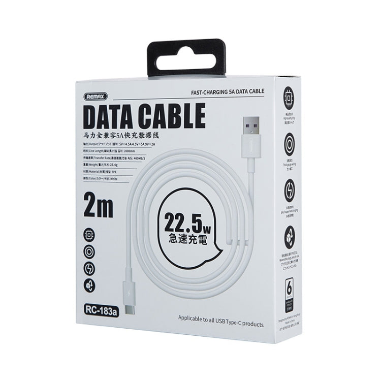 REMAX Marlik Series RC-183a 22.5W 5A อินเทอร์เฟซ USB เป็น USB-C / Type-C เข้ากันได้อย่างสมบูรณ์สายเคเบิลข้อมูลการชาร์จอย่างรวดเร็วความยาวสายเคเบิล: 2 ม., 2m