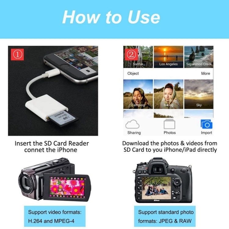 ZS-KL21810 8 Pin to SD Card Camera Card Reader Adapter รองรับระบบ iOS ทั้งหมด, SD Card Slot