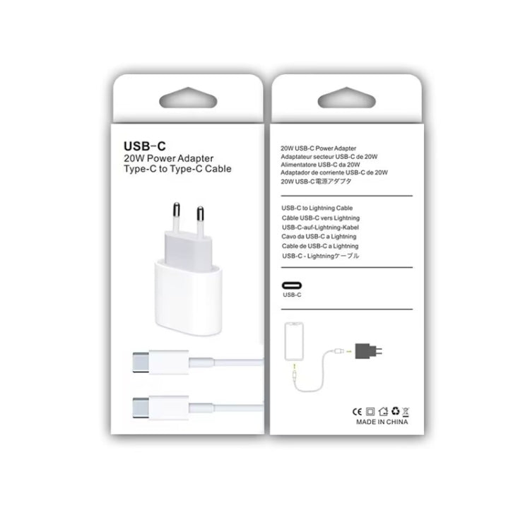 2 in 1 PD 20W ที่ชาร์จสำหรับเดินทางพอร์ต USB-C / Type-C เดี่ยว + 3A PD3.0 USB-C / Type-C ถึง USB-C / Type-C ชุดสายเคเบิลข้อมูลชาร์จเร็ว, ความยาวสายเคเบิล: 1 ม., ปลั๊ก EU, 20W 1m